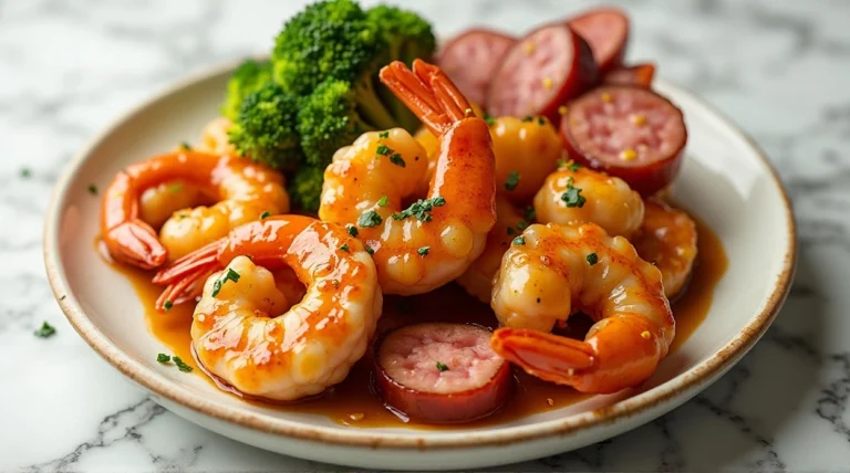honey garlic shrimp sausage and broccoli