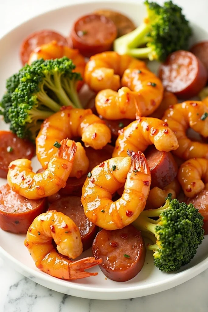 honey garlic shrimp sausage and broccoli