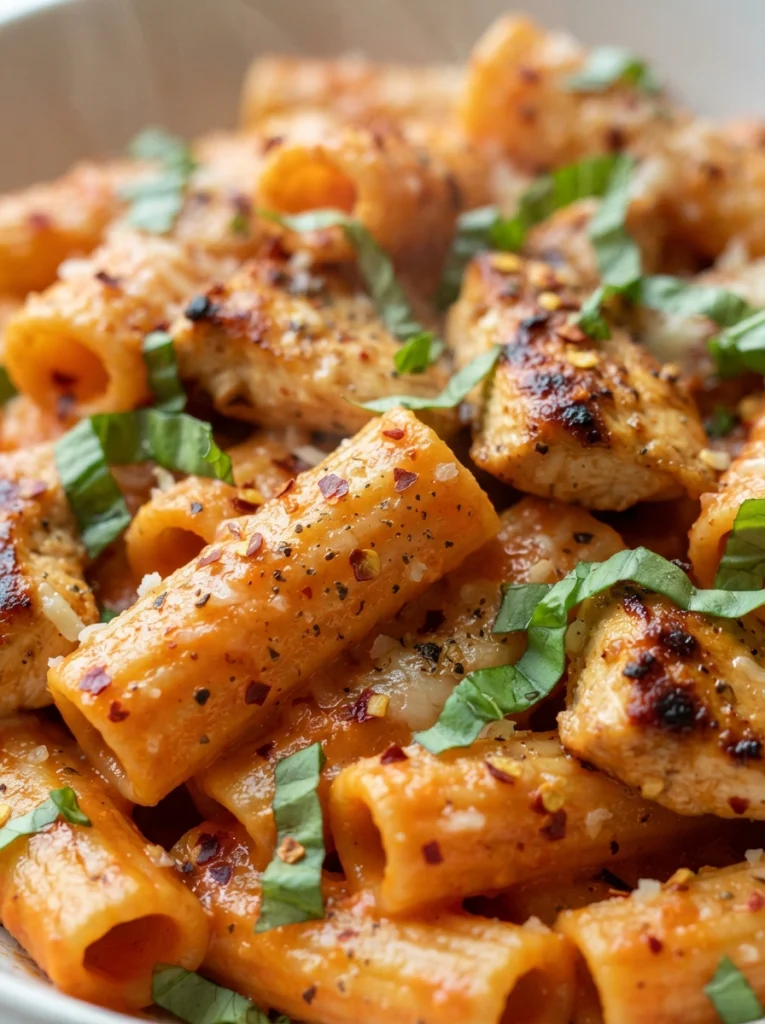 Spicy rigatoni pasta with chicken .